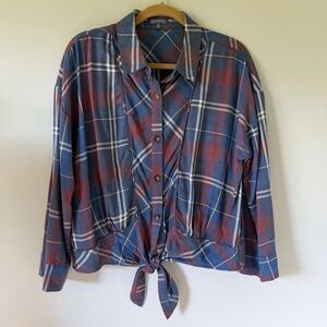 Democracy Plaid Tie Front Button Down Shirt Blue Red White M Preppy Coastal